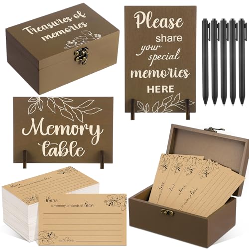 Image of Gilprop 112 Pcs Celebration of Life Memory Cards Set Share a Memory Cards with Box 2 Wood Sign with 4 Hold and 5 Pens, Sympathy Memorial Gifts Funeral Keepsake Decorations(Leaves)