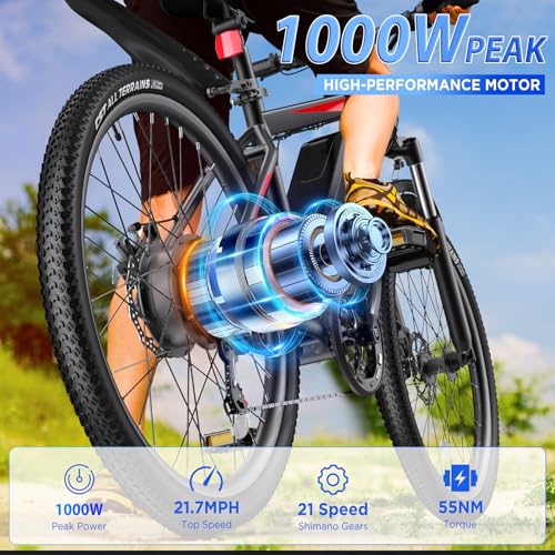Funhang Electric Bike for Adults, 26'' 1000W Peak Ebike, Up to 50 Miles 21.7MPH Electric Mountain Bike with 48V 374.4WH Removable Battery, Adjustable Stem, Fenders, Lockable Suspension Fork, 21-Speed - Thumbnail 2