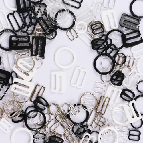 240Pcs 3 Styles Plastic & Metal Bra Strap Hooks for Sewing Bikini Swimsuit Lingerie Rings Halter Tops Bathing Suit Clips Clasp Adjustment Slider（Black, White, Transparent, Silver, 2 Size）