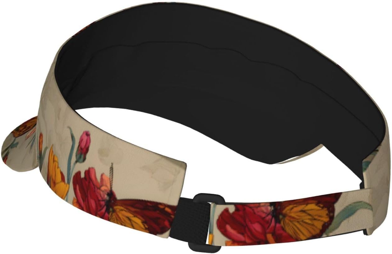 (Butterflies on Flowers) Adult Sun Visor Hat Adjustable Open Top Sports Cap Breathable for Men Women Beach Vacation Essentials Black