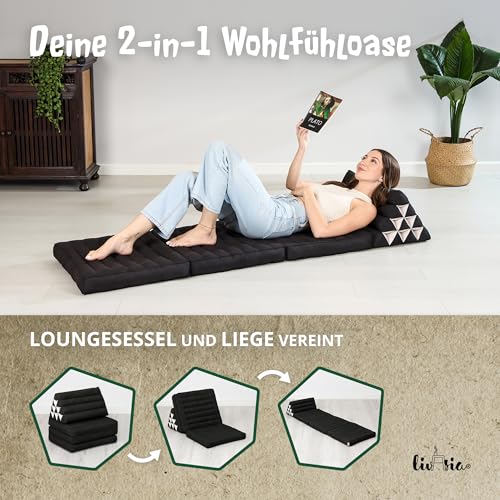 Foto von livasia Thaikissen 3 Auflagen einfarbig - 175x50x8cm - Dreieckskissen Klappmatratze, Keilkissen Kapok, Rückenkissen faltbar, Thaimatte Klappen, handgefertigt, Meditationskissen (Schwarz Uni)