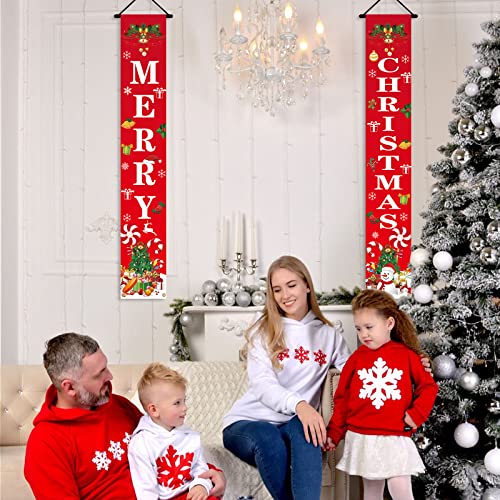 Udten Christmas Porch Sign - Merry Christmas Door Banner Decoration Christmas Tree Snowman Backdrop For Winter Xmas New Year Party Outdoor Indoor Front Porch Hanging Decoration(70.8" X 11.8") #TOP3
