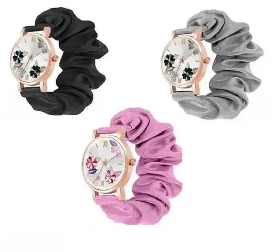Women’s Scrunchie Watch, Floral Dial, Rose Gold Case, Fabric Band, 3 Colors (Black, Grey, Pink)