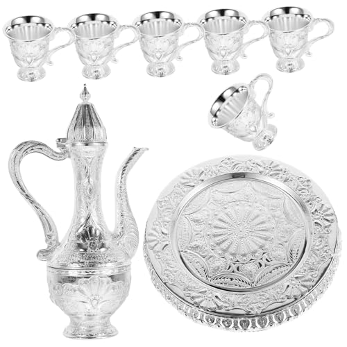 LIFKOME Set Teiera Turca in Lega Di Zinco 6 Tazze Da Vino in Metallo, Vassoio Decorativo e Bollitore Pratico, Adatto Per Casa, Ufficio e Regali Festa, Resistente e Tradizionale