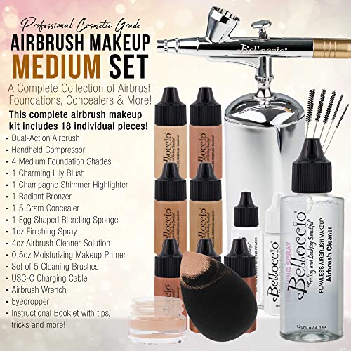 Belloccio Complete Cordless Handheld Airbrush Cosmetic Makeup System with 4 Medium Foundation Shades, Professional 18-Piece Kit, Moisturizing Primer, Blush, Bronzer, Highlighter, Concealer, User Guide