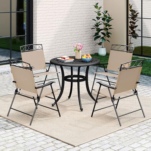 Image of Giantex Set of 4 Patio Folding Chairs, Outdoor Dining Chairs for Camping, Beach, Backyard, Deck, Portable Dining Chair w /Armrest and Metal Frame, Beige