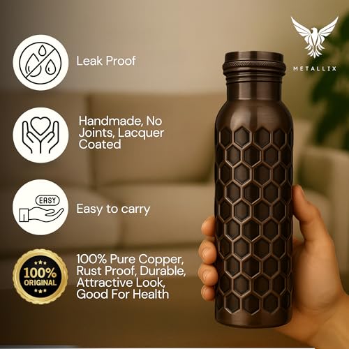 Image of Metallix Copper Water Bottle 1 Ltr | Copper Bottle for Men & Women | 100% Pure Copper | BPA Free & Leak Proof | Easy to Carry | Suitable for Yoga, School & Office (Antique Bronze)