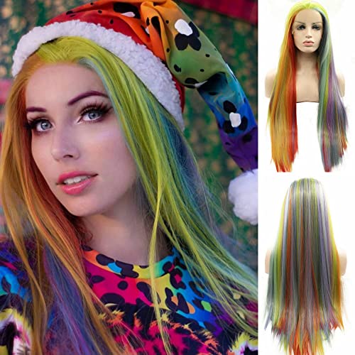 Perruque synthétique 61 cm sirène raide avec dégradé 8 couleurs arc-en-ciel pour femme