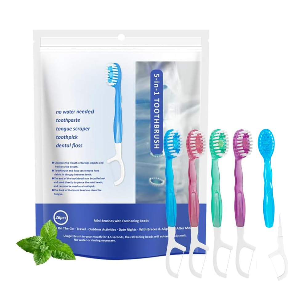 JOUGE 26 Pack Mini Disposable Toothbrushes with Toothpaste 5 in 1 Travel Portable Toothbrush Individually Wrapped with Toothpaste + Tongue Scraper +