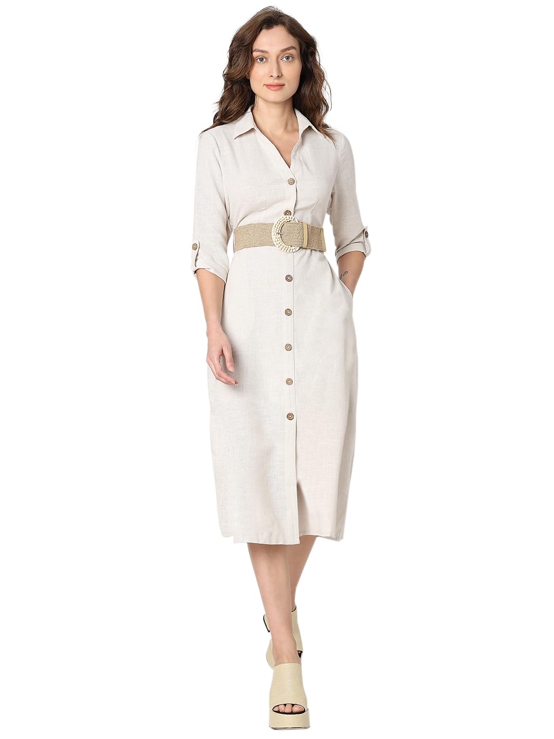 VERO MODA Women’s Linen Roll-Up Sleeves Midi Shirt Dress with Waist Belt