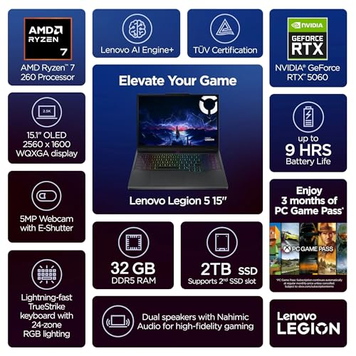 Image of Lenovo Legion 5 15.1 inch WQXGA OLED 165HZ Gaming Laptop, AMD Ryzen 7 260, RTX 5060, 32GB RAM 2TB SSD, Wi-Fi7, Backlit KB, Win11 Pro & Office Lifetime License, Eclipse Black, w /2TB USB Drive, W /GaLiMu