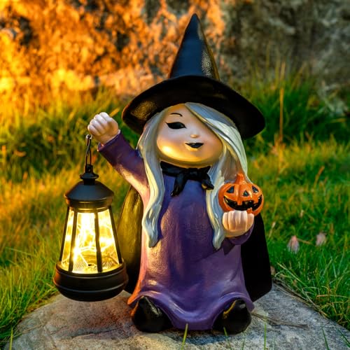 Halloween Witch Gnome Garden Statues with Pumpkin Solar Witch Gnome with LED Lantern Fall Outdoor Porch Patio Yard Art Decoration Holiday Gardening Gifts for Mom Women