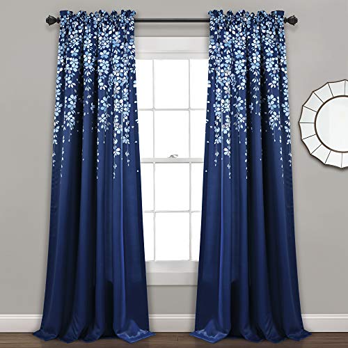 Lush Decor Weeping Flower Light Filtering Window Curtain Panels, Pair, 52" W x 84" L + 2" Header, Navy