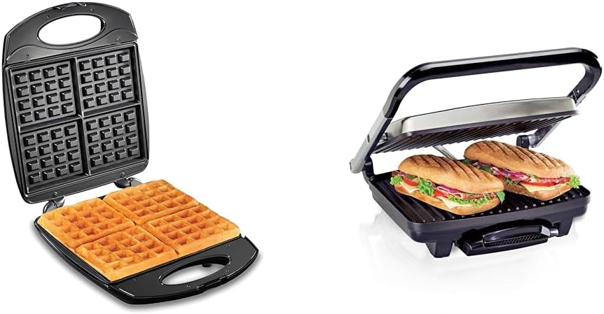 Hamilton Beach Non-Stick Belgian Waffle Maker with Indicator Lights & Panini Press, Sandwich Maker & Electric Indoor Grill, Upright Storage, Nonstick Easy Clean Grids, Stainless Steel (25410)