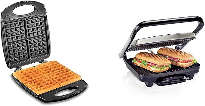 Hamilton Beach Non-Stick Belgian Waffle Maker with Indicator Lights & Panini Press, Sandwich Maker & Electric Indoor Grill, Upright Storage, Nonstick Easy Clean Grids, Stainless Steel 25410