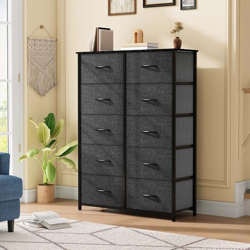 DWVO 10 Drawer Dresser - Fabric Storage Tower, Organizer Unit for Room, Living Room, Hallway, Closets - Sturdy Steel Frame, Wooden Top & Easy Pull Fabric Bins