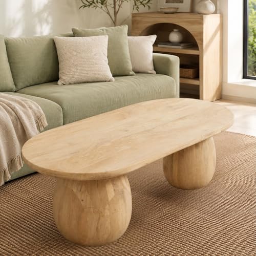 Image of Gharaana Akira Modern Wooden Centre Table for Living Room (40x20x18 inch) Solid Mango Wood | Natural Bleach Finish | Rectangular Solid Wood Luxury Coffee Table