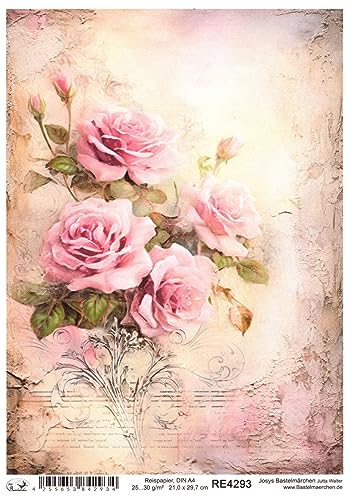 Josys Bastelmärchen Reispapier A4 Strohseide Vintage Scrapbooking Blumen rosa Rosen Shabby RE4293
