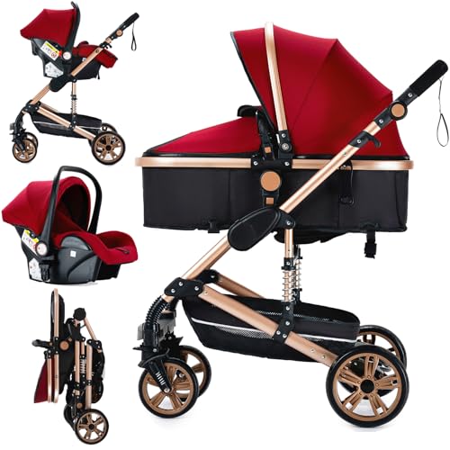 MoLi Carrito de Bebe 3 en 1, Carro 3 Piezas Plegado Conveniente con Un Solo Clic, Carrito Bebe con Modo de Doble Empuje Reversible, Cochecito Tres Piezas Paisaje Alto (739 Red)
