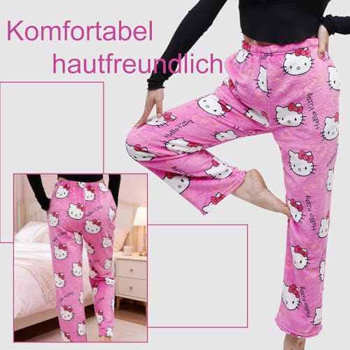 Pyjama Hose Damen Schlafanzughose Lang Flanell Pyjamas Hose mit taschen Schlafanzug Weich Kawaii Anime Bequeme Cartoon Casual Frauen Schlafhose Herbst-Winter Warm Weihnachten Halloween Homewear(M)