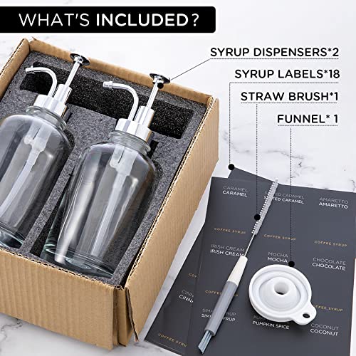 Joyfulmap Coffee Syrup Dispenser With 18 Labels, Pump Bar, Minimalist Glass Bottle, Simple Maple/Coffee Bottles W. Set Of Black, 16.9 Oz 500 Ml, 001 #TOP4
