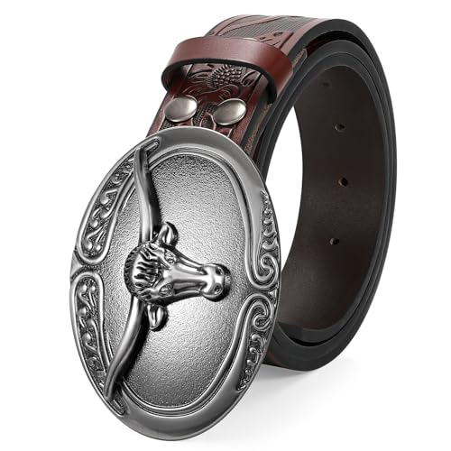 Men Womens Cowboy Belt Western Leather Buckle Belt for Jeans Cowgirl Belt 1.5’’ Wide