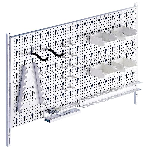 DIY Element System HEIMWERKER ORGANIZER 2 – Metall-Werkzeugwand mit verschiedenen Halterungen, ideal für Heimwerkstatt – 2 Stahl-Lochplatten 800 x 200 mm, weiß