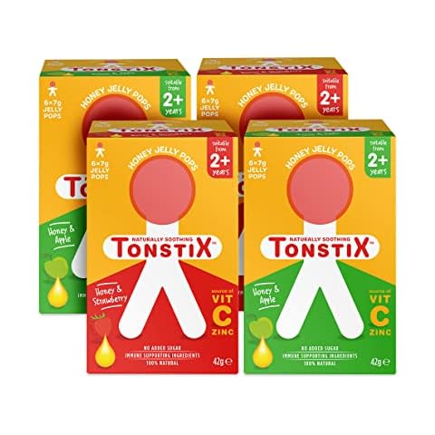 TONSTIX 2 PACKS HONEY & APPLE + 2 PACKS HONEY & STRAWBERRY JELLY POPS | 4 X PACKS OF 6 | FOR SORE THROATS & COUGHS | SOURCE OF VIT C & ZINC NO ADDED SUGAR IMMUNE SUPPORTING INGREDIENTS -100% NATURAL Cover