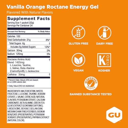 Image of GU Energy Roctane Ultra Endurance Energy Gel, Vegan, Gluten-Free, Kosher, and Dairy-Free On-The-Go Sports Nutrition for Running, Biking, Hiking or Skiing, Vanilla Orange (24 Packets)