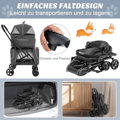 COSTWAY 3 in 1 Hundewagen, Hundebuggy 2 Etagen mit Netzfenstern & Taschen & Polstern, Oxford & Metall, Haustiere Buggy bis 16 kg, Hundebox Transporttasche klappbar, für Hunde Katzen Haustiere, Grau