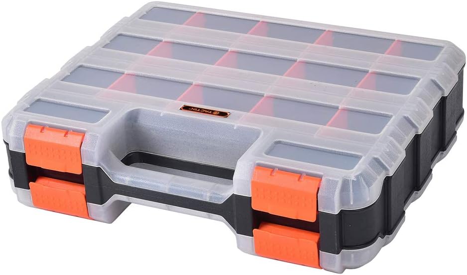 Tactix 15 Compartment Double Side Clear Tool Organizer, Small Parts Tool Box with Adjustable Plastic Dividers for Screws, Nuts, Nails, Bolts, Size: 25.4L x 7.9W x 32H cm- 320028
