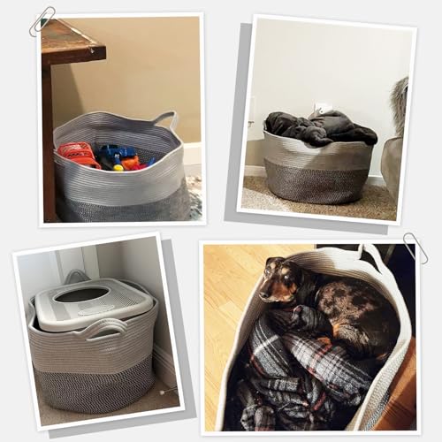 Image of INDRESSME Extra Large Laundry Basket, Cotton Rope Blanket Basket for Nursery Living Room, Decorative Woven Storage Basket with Handles for Dirty Clothes, Toy Bin For Dog Toys, 21.7 x 13.8 inches, Grey