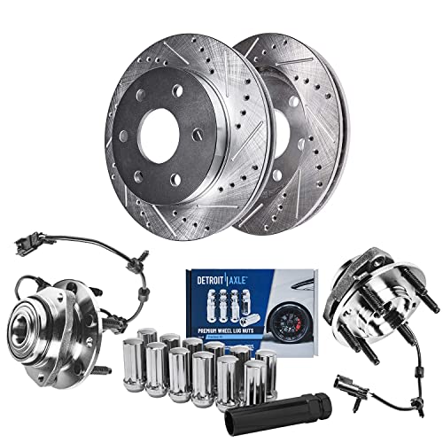 Image of Detroit Axle - Front Brake Rotors Wheel Hubs Kit for Chevy Trailblazer EXT | SSR GMC Envoy Isuzu Ascender Saab 9-7X Buick Rainier Brake Rotors Wheel Bearing Hubs Lug Nuts Socket Key