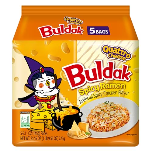 Buldak Quattro Cheese Halal Ramen Noodles – Korean Spicy Instant Noodles Multipack, Hot Chicken Flavour – 5 x 140g Packs (700g), Buldak Cheese Ramen