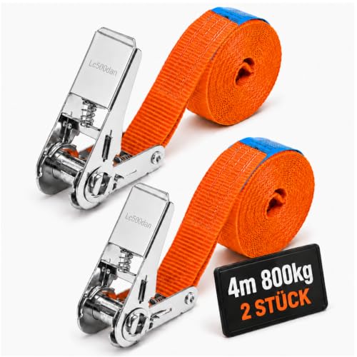 INTAKO 2 Stück Spanngurte mit Ratsche Spanngurt 800kg 25mm 1-teilig 4m/6m Grün (Ergolash) oder Orange Zurrgurte Motorrad (Orange 4m (2 Stück))