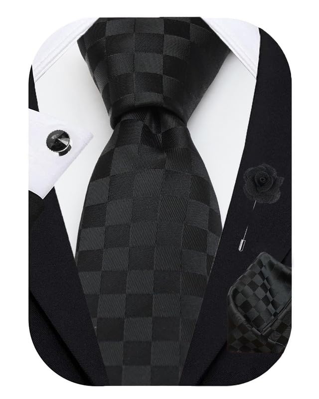 Image of Axlon Tie for Men - Micro Silk Neck Ties Set with Cufflinks Flower Pin, Pocket Square & Black Gift Box, Combo Necktie Sets for Office Wear, Formal Suits & Weddings (0, Checkpn)