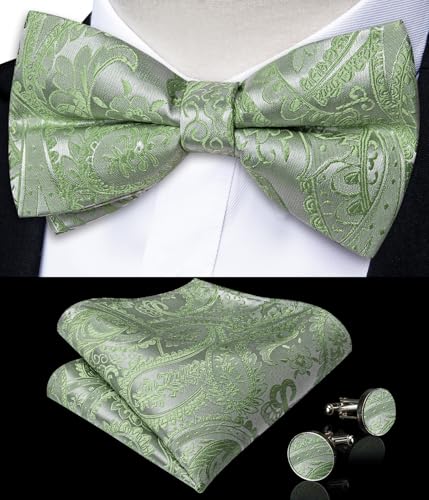 Image of DiBanGu Paisley Pre-Tied Bow Ties for Men Silk Adjustable Bowtie and Pocket Square Cufflinks for Wedding Party