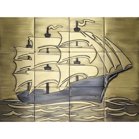 Beautiful Sailing Ship - Set of 12 Handmade Tiles - 100% Copper Cover