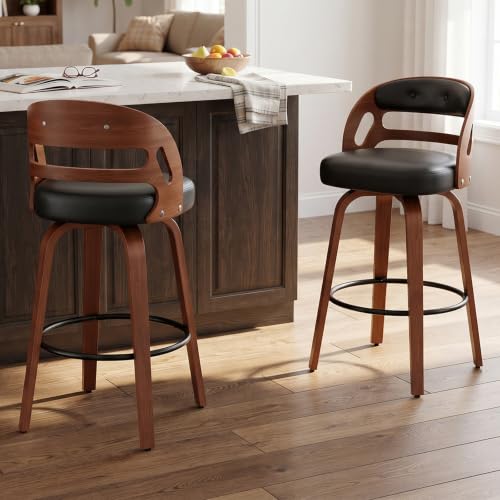26 Inch Swivel Bar Stools Set of 2, Upholstered Bar Chairs for Kitchen Island/Home Bar Table/Pantry/Café, Thick Cushion, Wooden Frame, Automatic Seat-Return to Center, Black