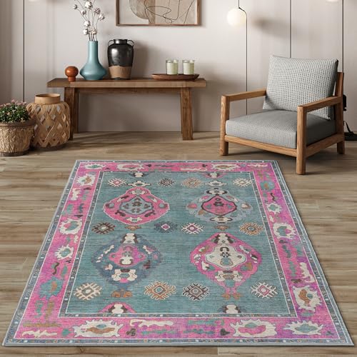 Green Pink Oushak Rug 9x12 Washable Non-Slip