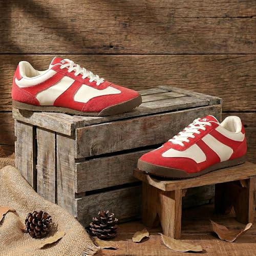 Image of Liberty LEAP7X DECIAN-4E Sneakers for Men - Red & Brown Lace-Up Casual Shoes | Memory Foam Cushioned Insole, Lightweight Low-Profile Sneakers, Walking, College, Travel & Casual Outings