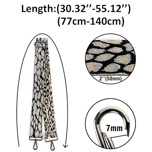 Image of Black Beige Silver Thread Leopard Purse Strap with Matte Black Hardware 2 Inch Wide Replacement Crossbody Guitar Style Shoulder Strap for Handbags Totes