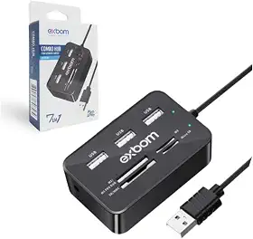 HUB 7 em 1 com 3 Portas USB 2.0 Extensor e Leitor de Cartão de Memória MS/MS PRO DUO/SD/MMC/Micro SD / M2 EXBOM UH-R230