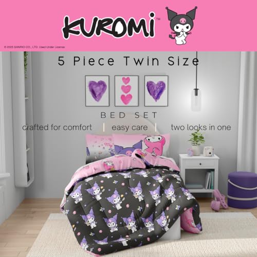 Image of Franco Sanrio Kuromi & My Melody Bedding 5 Piece Super Soft Cozy Reversible Comforter and Sheet Set with Sham, Twin, (Officially Licensed Product) (Pack of 4)