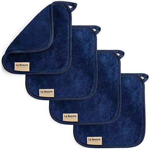 LaBeauté Toalla desmaquillante cara 4 unidades - Limpieza facial y desmaquillante facial - Toalla microfibra lavable y reutilizable - 21x21cm - Azul marino Cover