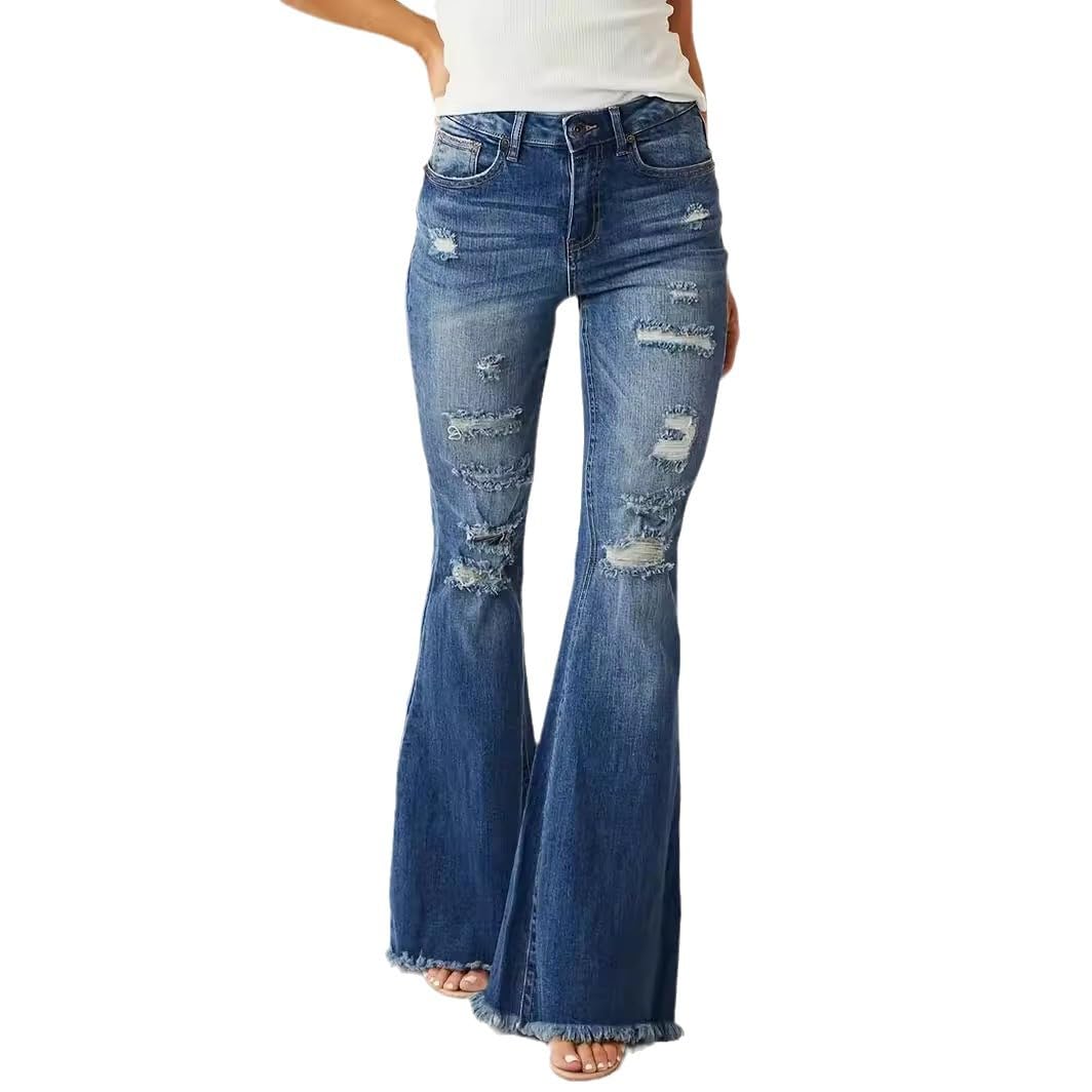 GenericWomen's Ripped Flare Jeans for Women High Waist Distressed Bell Bottom Jeans