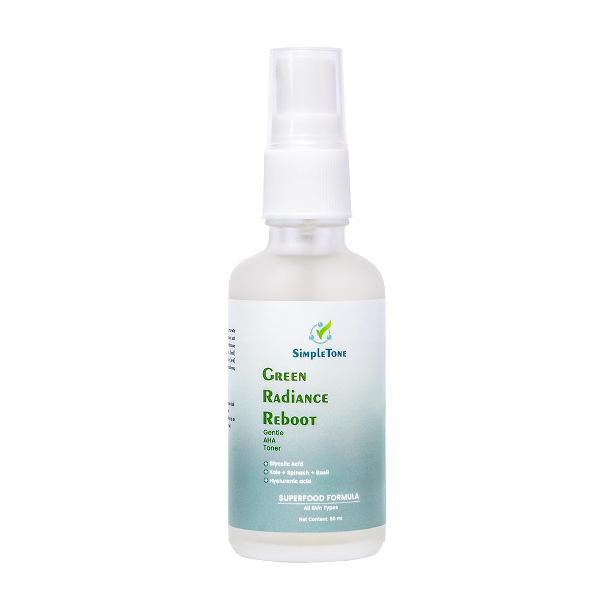 SimpleTone, GREEN RADIANCE REBOOT TONER, 50ml - SUPERFOOD FORMULA- Kale, Spinach, Basil and Glycolic Acid- For Men & Women - pH Balancing, Tightens Pores, and Hydrates- Exfoliator For All Skin Types