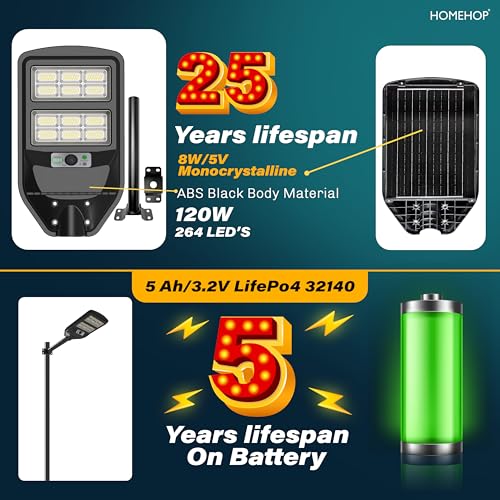 Image of Homehop Solar Light Outdoor Home Garden 120W Street Wireless Motion Sensor | Solar Street Light Outdoor Waterproof Automatic Wall Lamp for Yard, Pathway, Patio, Road with Pole (5000mAh, Cool Light, ABS)