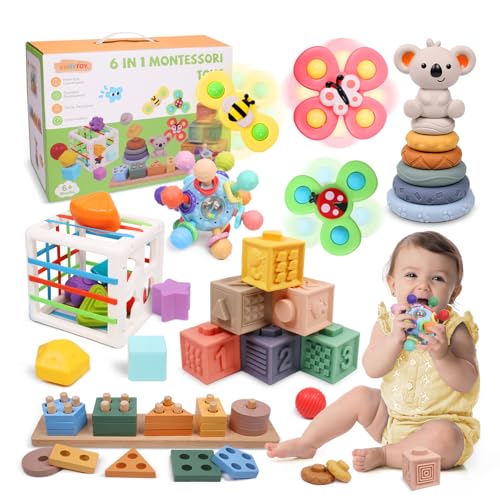 6-in-1 Montessori Baby Toys 0-6 6-12 Months, Infant Teething Toys Soft Stacking Blocks Rings Shape Sorter Sensory Fidget Spinners for Toddler 1-3, First Baby Gift Set for 6 Month Old Girl Boy
