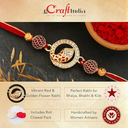 Image of eCraftIndia Red Golden Flower Designer Rakhi for Brother With Gift Combo Set | Raksha Bandhan Rakhi for Bhaiya Bhabhi Bhai Kids Boy | Best Bro Ever Fridge Magnet | Roli Chawal Pack